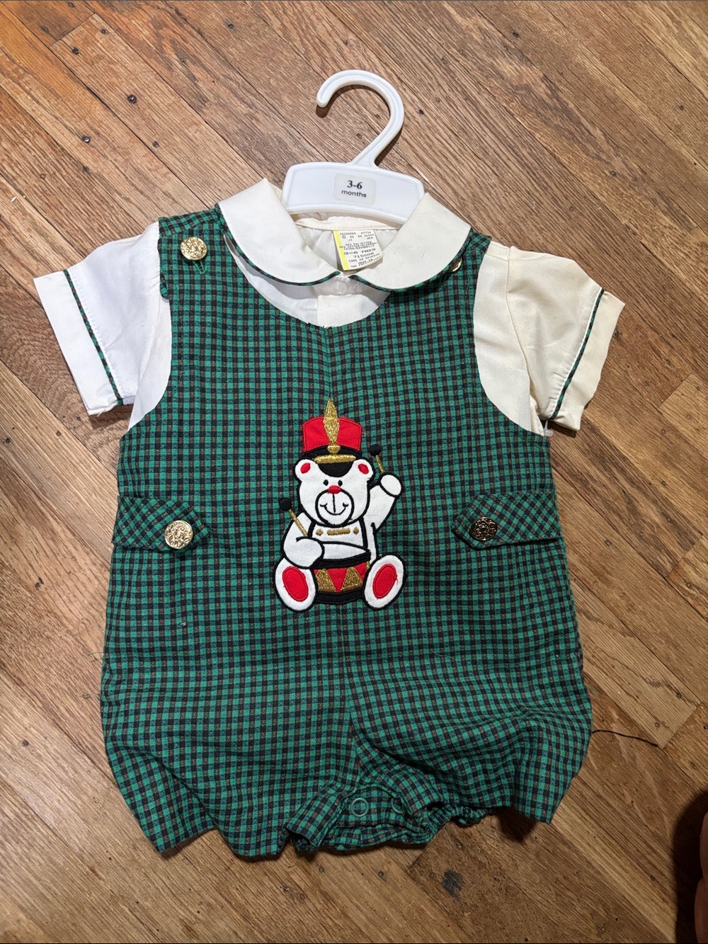 Vintage 3-6 M Green Gingham Teddy Drummer Baby Romper with Cream Collared Shirt